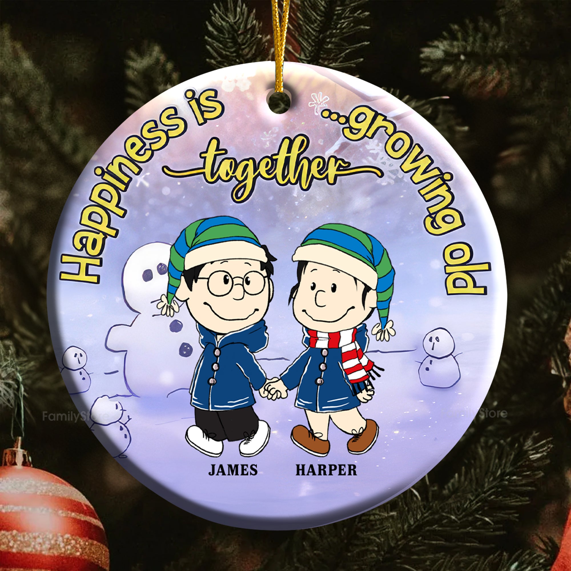 Happiness Is Growing Old Together - Personalized Ceramic Ornament - Gift For Couple, Husband Wife, Anniversary, Engagement, Wedding, Marriage Gift - CL43 NH96