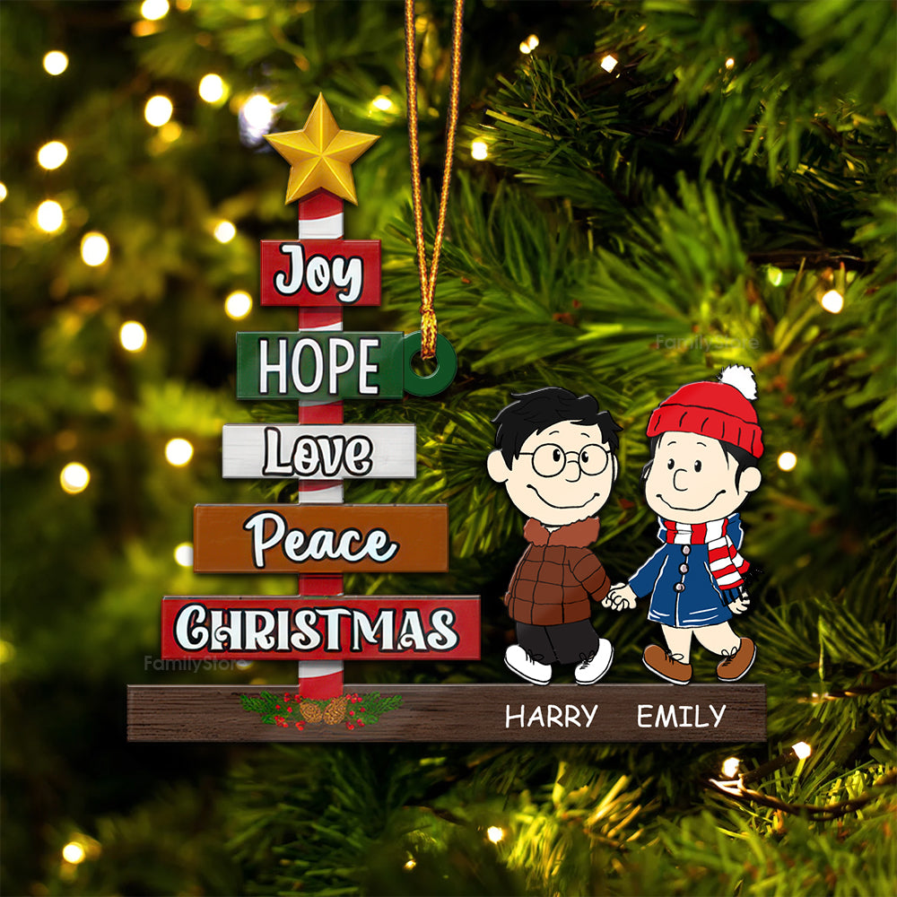 Peanuts Joy, Hope, Love, Peace Christmas - Personalized Wood Ornament - Gift For Couple, Husband Wife, Anniversary, Engagement, Wedding, Marriage Gift - CL43 NH96