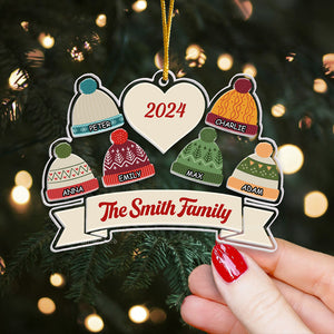 The Family Of Winter Hat Beanie - Gift For Family - Personalized Acrylic Ornament - NA94