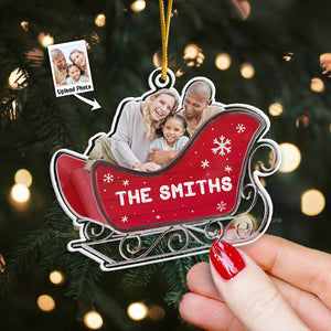 Custom Photo Ho Ho Ho We Are In The Santa's Sleigh - Gift For Family - Personalized Acrylic Ornament - NA94