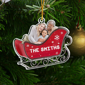 Custom Photo Ho Ho Ho We Are In The Santa's Sleigh - Gift For Family - Personalized Acrylic Ornament - NA94