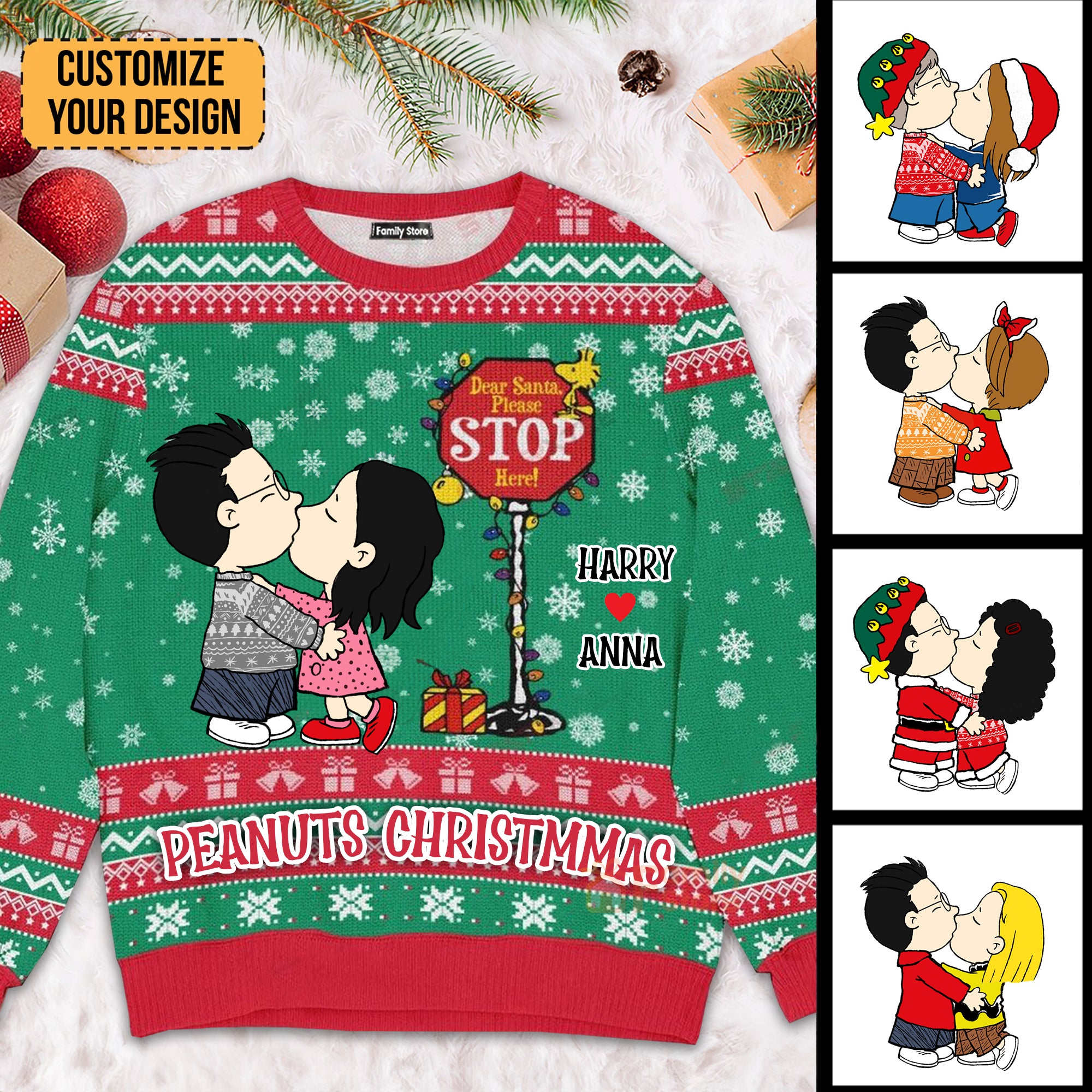 Peanuts Dear Santa, Please Stop Here - Personalized Ugly Sweatshirt - Gift For Couple, Husband Wife, Anniversary CL45