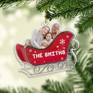 Custom Photo Ho Ho Ho We Are In The Santa's Sleigh - Gift For Family - Personalized Acrylic Ornament - NA94