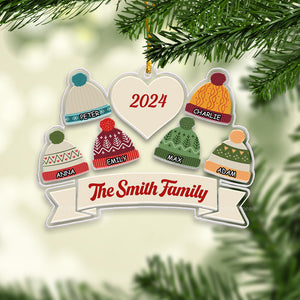 The Family Of Winter Hat Beanie - Gift For Family - Personalized Acrylic Ornament - NA94