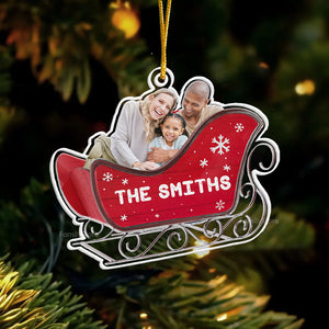 Custom Photo Ho Ho Ho We Are In The Santa's Sleigh - Gift For Family - Personalized Acrylic Ornament - NA94