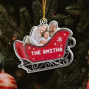 Custom Photo Ho Ho Ho We Are In The Santa's Sleigh - Gift For Family - Personalized Acrylic Ornament - NA94