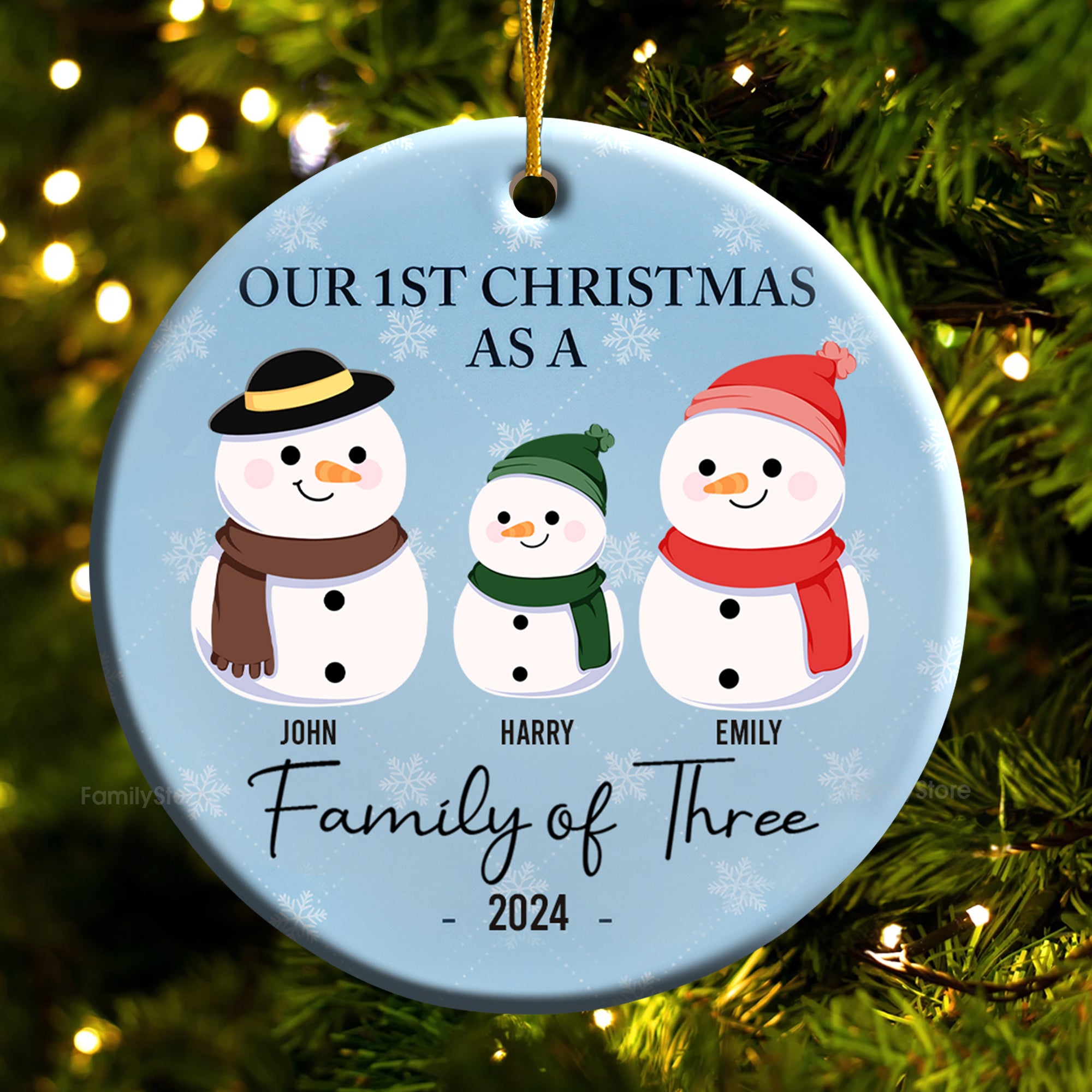 First Christmas As A Family Of Three Snowman - Gift For Family - Personalized Ceramic Ornament - CL34 NA94