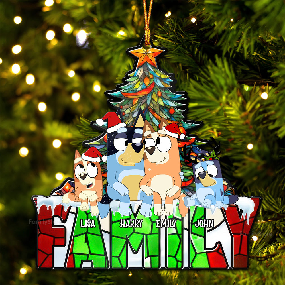 Blue Dog Sitting Christmas Tree - Gift For Family - Personalized Window Suncatcher Ornament - TM01