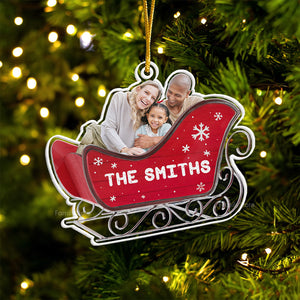 Custom Photo Ho Ho Ho We Are In The Santa's Sleigh - Gift For Family - Personalized Acrylic Ornament - NA94