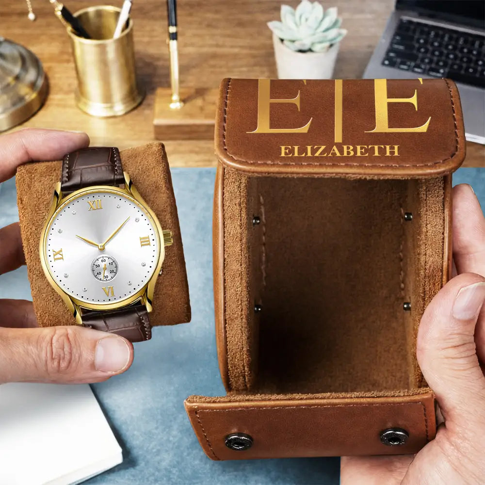 MonogramNameSimpleKeepsake PersonalizedLeatherWatchCase DH245 HAL3904 mkweb2