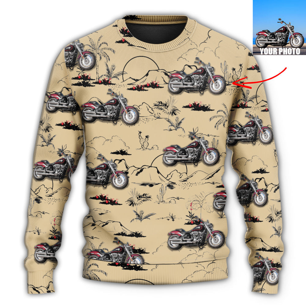 Custom Photo Motorcycle Desert Catus Mountain Flower - Personalized Ugly Sweaters