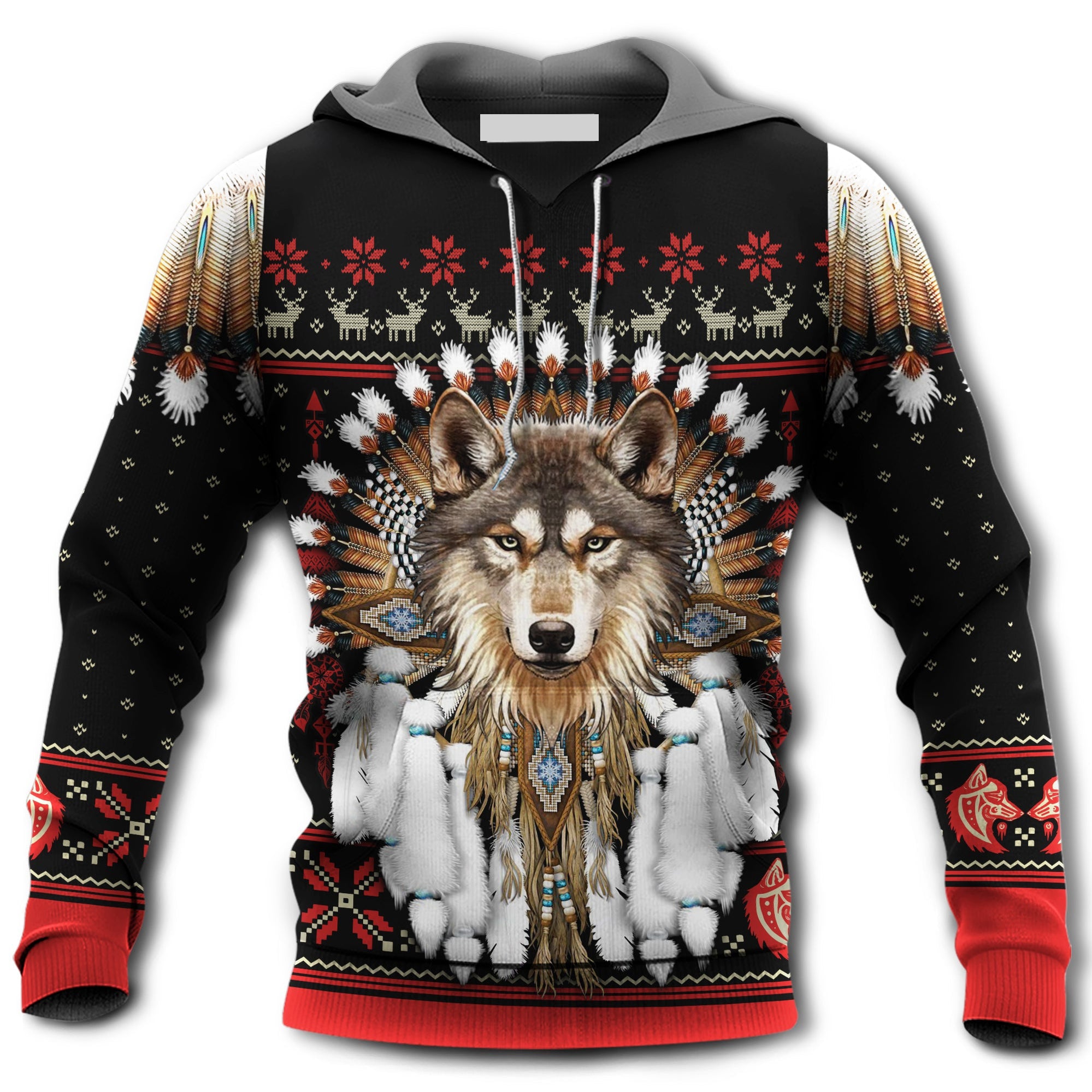 Native American Wolf Headdress With Black And Red Hoodie For Men & Women