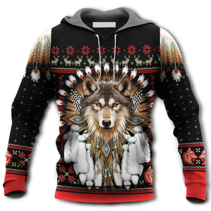 Native American Wolf Headdress With Black And Red Hoodie For Men & Women