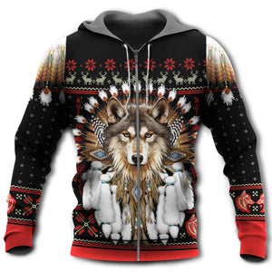 Native American Wolf Headdress With Black And Red Hoodie For Men & Women