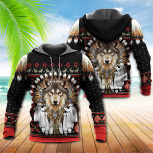 Native American Wolf Headdress With Black And Red Hoodie For Men & Women