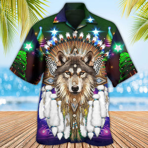 Native Wolf And Merry Christmas Cool - Hawaiian Shirt