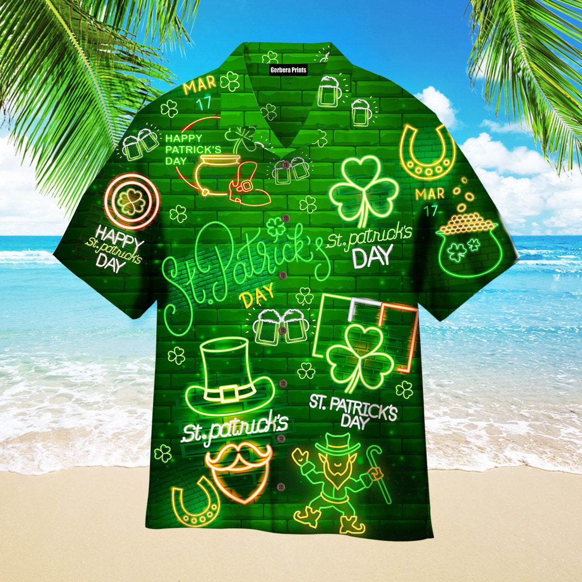 Neon Light Black St Patricks Day Aloha Hawaiian Shirts For Men, Women