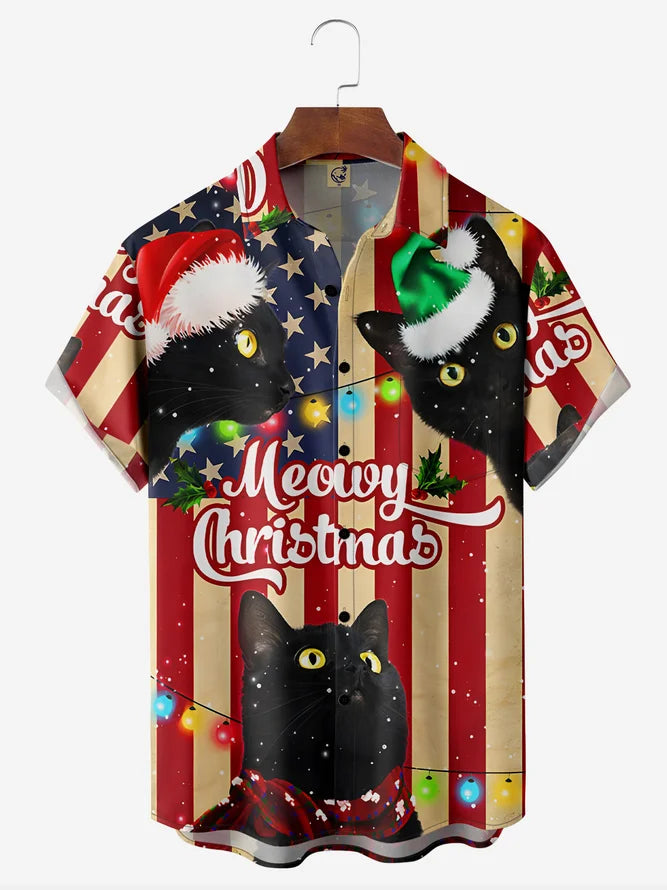 Meowy Christmas American Flag Black Cat - Hawaiian Shirt
