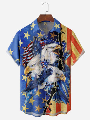 USA Flag Eagle Chest Pocket Short Sleeve Casual Shirt Hawaiian Shirt