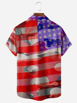 American Flag Dinosaur Chest Pocket Short Sleeve Casual Shirt Hawaiian Shirt
