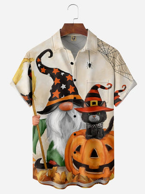 Halloween Gnomes And Cat Short Sleeve Casual Hawaiian Shirt