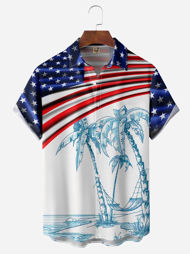 Palm Tree American Flag Chest Pocket Short Sleeve Casual Shirt Hawaiian Shirt