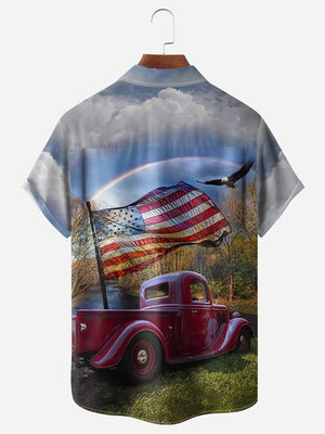 American Flag Truck Chest Pocket Short Sleeve Casual Shirt Hawaiian Shirt