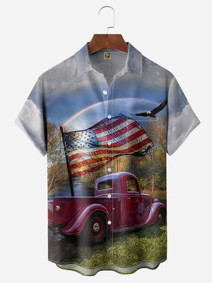 American Flag Truck Chest Pocket Short Sleeve Casual Shirt Hawaiian Shirt