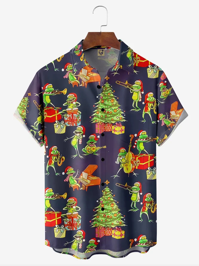 Christmas Funny Frog Is Playing Music Near By Pine Tree - Hawaiian Shirt
