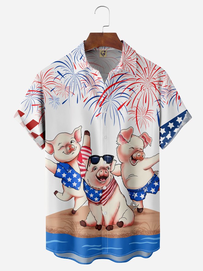 American Flag Pigs Chest Pocket Short Sleeve Casual Shirt Hawaiian Shirt