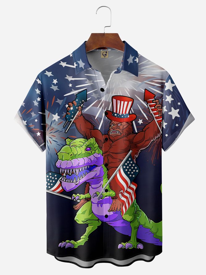 Indepndence Day Flag Dinosaur Chest Pocket Short Sleeve Shirt Hawaiian Shirt