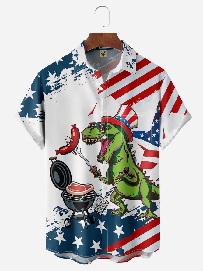 American Flag BBQ Dinosaur Chest Pocket Short Sleeve Shirt Hawaiian Shirt
