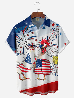 Indepndence Day Flag Chicken Chest Pocket Short Sleeve Shirt Hawaiian Shirt