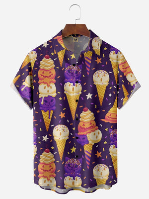 Spooky Ice Cream Chest Pocket Short Sleeve Casual Hawaiian Shirt