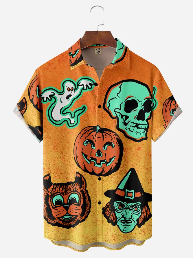 Pumpkin Light Green Skull Short Sleeve Casual Hawaiian Shirt