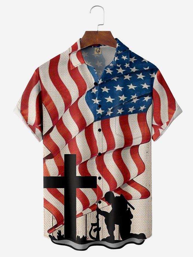 Veterans American Flag Chest Pocket Short Sleeve Shirt Hawaiian Shirt