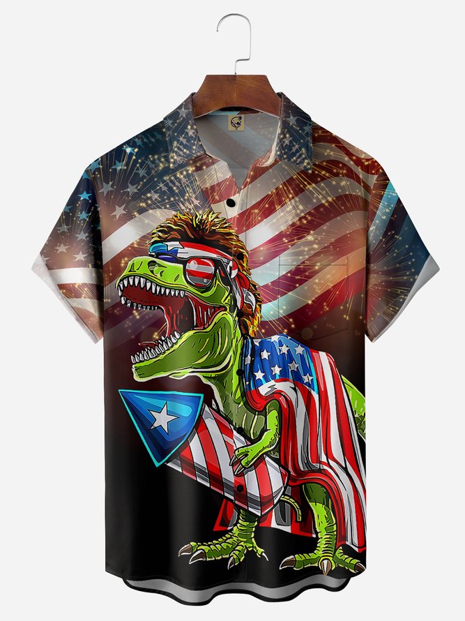 Independence Day Flag Dinosaur Chest Pocket Short Sleeve Shirt Hawaiian Shirt