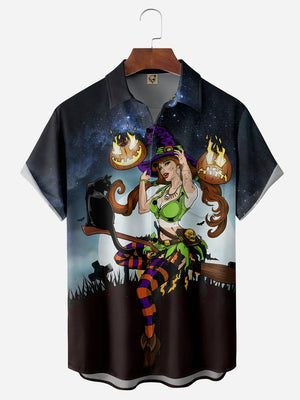 Halloween Green Witch Short Sleeve Hawaiian Shirt