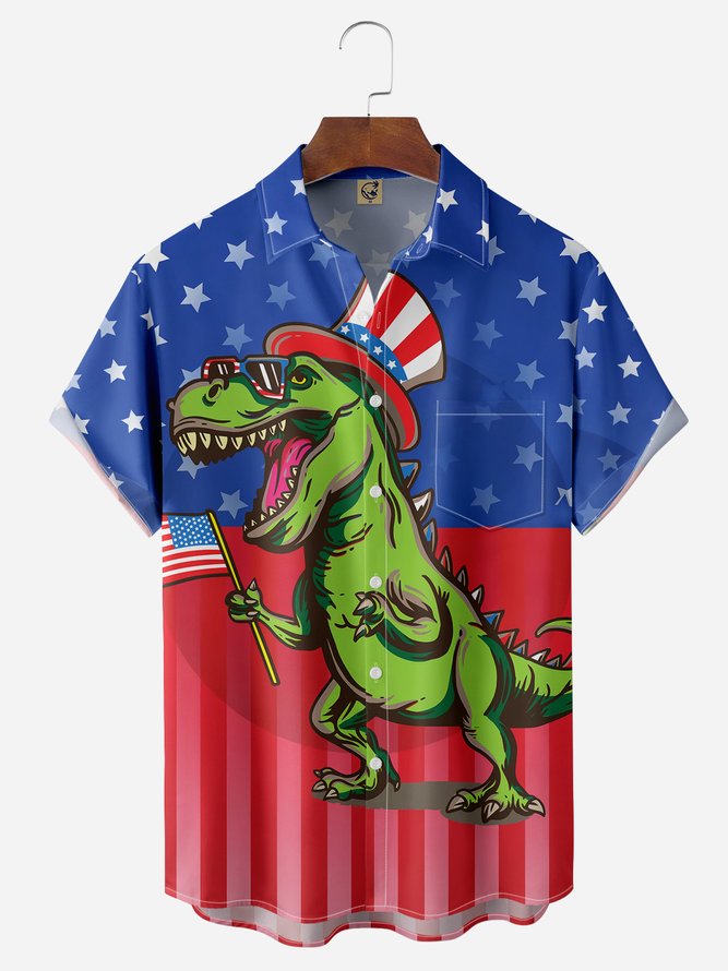 4th of July Dinosaur Chest Pocket Short Sleeve Casual Shirt Hawaiian Shirt