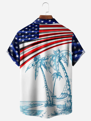 Palm Tree American Flag Chest Pocket Short Sleeve Casual Shirt Hawaiian Shirt