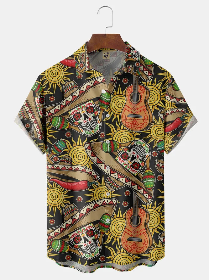 Cinco de Mayo Skull Chest Pocket Short Sleeve Casual Shirt