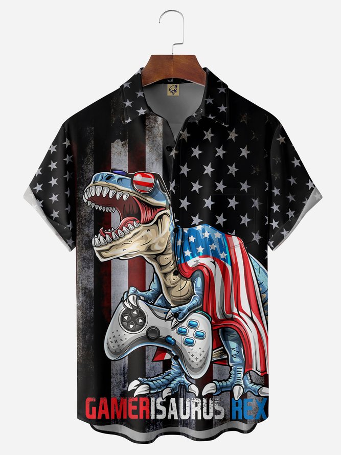 Dinosaur American Flag Chest Pocket Short Sleeve Shirt Hawaiian Shirt