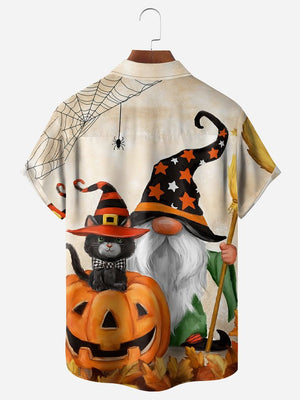 Halloween Gnomes And Cat Short Sleeve Casual Hawaiian Shirt