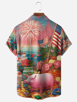 USA Flag Pig Chest Pocket Short Sleeve Casual Shirt Hawaiian Shirt