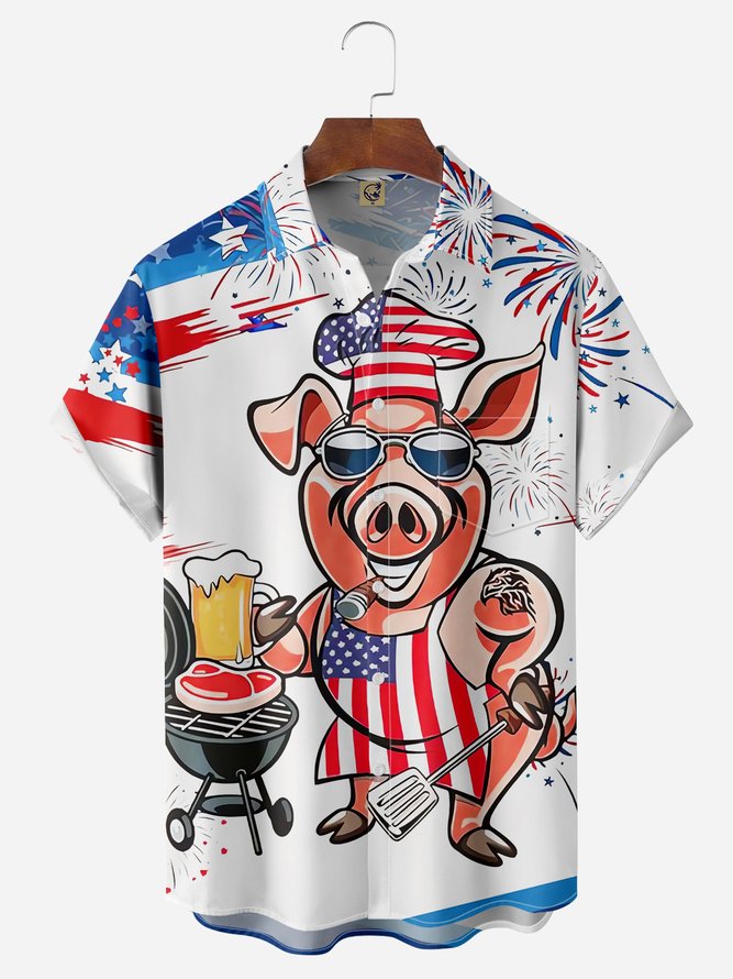 American Flag Mr Pig Cook Chest Pocket Hawaiian Shirt