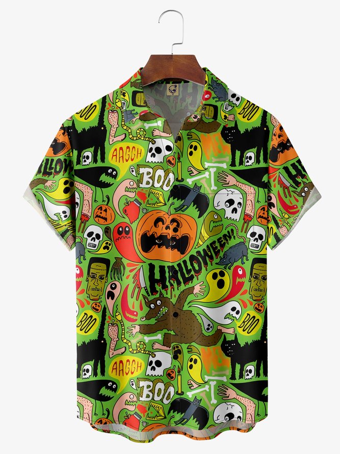 Halloween Green Chest Pocket Short Sleeve Casual Hawaiian Shirt