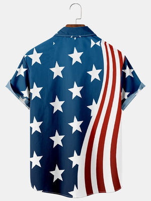 Mens American Flag Casual Breathable Chest Pocket Short Sleeve Hawaiian Shirt