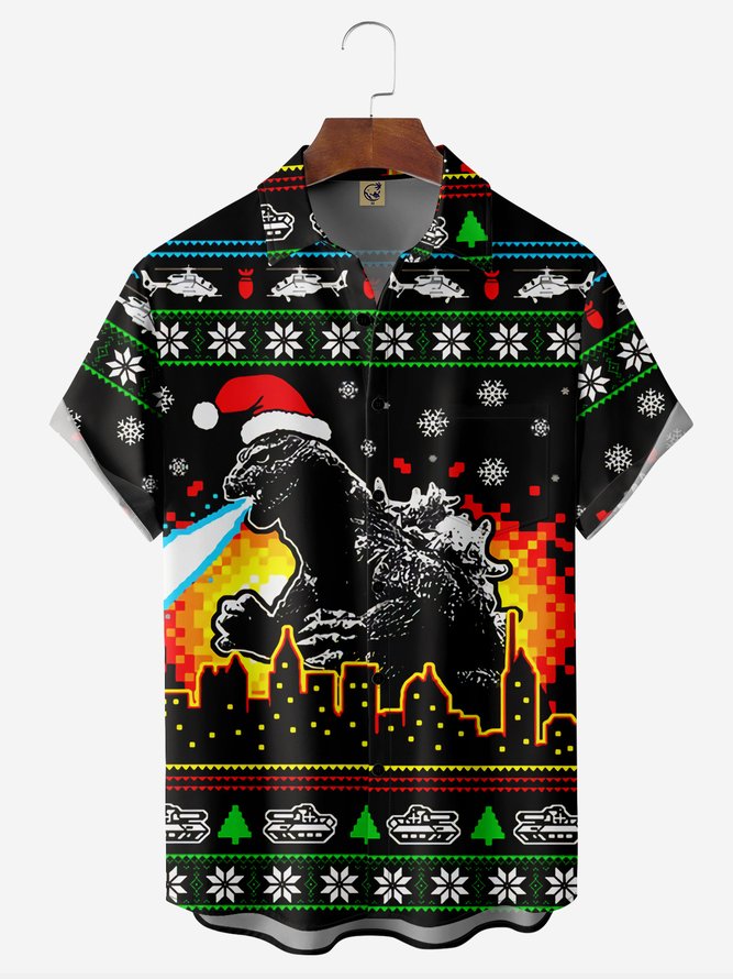 Christmas Dinosaur Breathe Fire In The City - Hawaiian Shirt