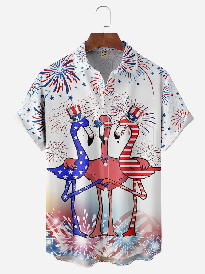 Indepndence Day Flag Flamingo Chest Pocket Short Sleeve Shirt Hawaiian Shirt