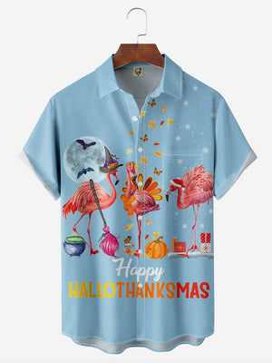 Christmas Flamingos Chest Pocket Short Sleeve Hawaiian Shirt